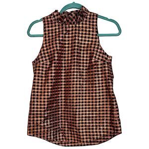 J. Crew Rose Gold Navy Metallic Gingham Ruffle Neck Sleeveless Top NWT